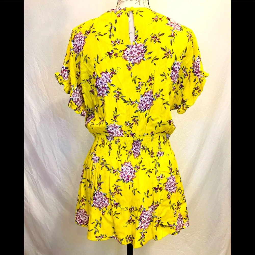 Staccato Yellow Surplice Smocked Waist Floral Print Blouse - Picture 2 of 16
